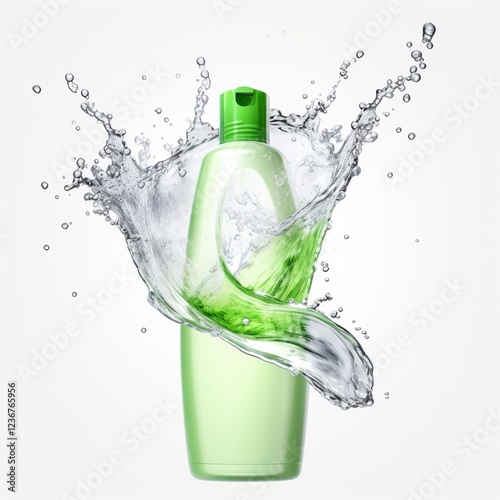 Green plastic cosmetic bottle with green flip top cap wrapped in splashing water, creating a refreshing and dynamic visual on plain background