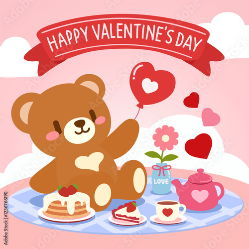Adorable Valentine’s Day illustration features a happy teddy bear holding a heart balloon while enjoying a sweet picnic with pancakes, cake, tea, and love-themed decorations.
