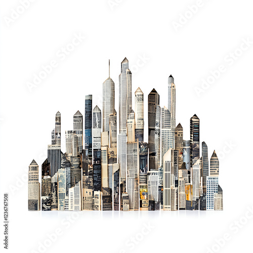 City skyline collage made from newspaper clippings, showcasing urban architecture