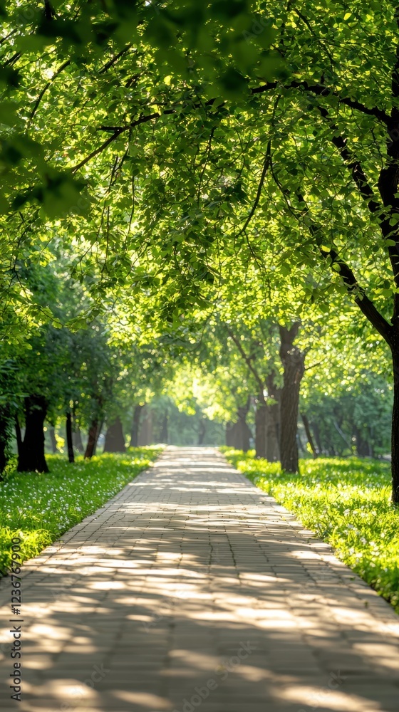 Scenic walkway with blooming trees urban park nature sunlit environment elevated viewpoint Scenic walkway with blooming trees urban park nature sunlit environment elevated viewpoint