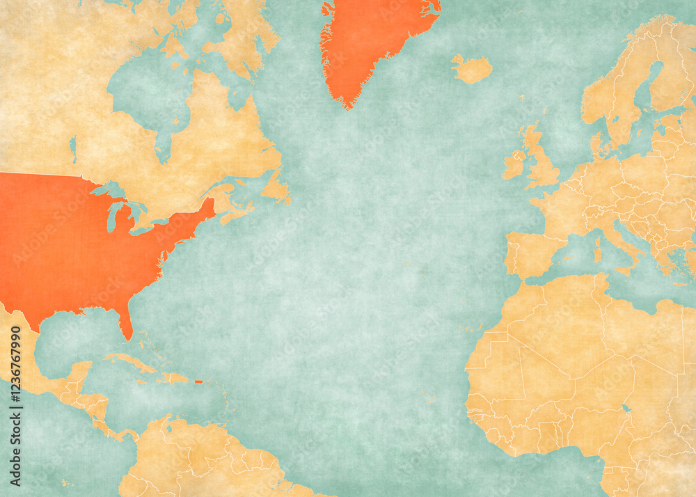 Map of North Atlantic Ocean - USA and Greenland Map of North Atlantic Ocean - USA and Greenland