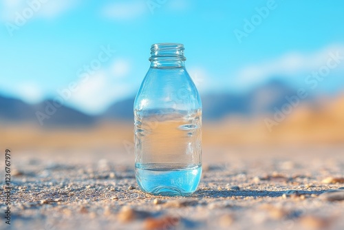 Glass bottle of water rests on desert sand photo