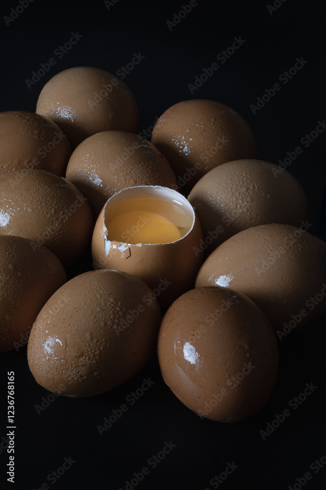 View of Egg yolk in Broken raw chicken eggshell in the among of Fresh chicken egg (Hen egg) on dark background. Natural organic fresh eggs for healthy food, use it as your Space for text, Design,