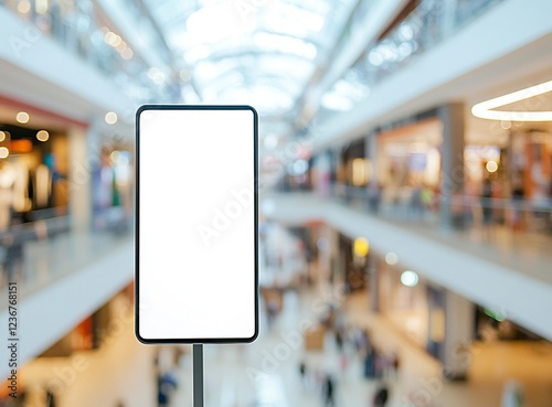 Wallpaper Mural A blank, white digital signage vertical screen in the middle of a blurry, out-of-focus shopping mall background, a mockup template and stock photo contest winner.  Torontodigital.ca