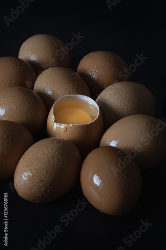 Obraz na płótnie View of Egg yolk in Broken raw chicken eggshell in the among of Fresh chicken egg (Hen egg) on dark background. Natural organic fresh eggs for healthy food, use it as your Space for text, Design, w salonie