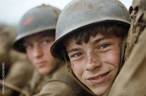 two young soldiers sharing a brief conversation in a trench, one of them smiling faintly despite the conditions. photo