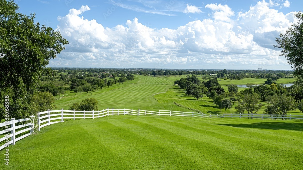 Obraz premium Scenic golf course landscape, sunny day, green fairways, white fence