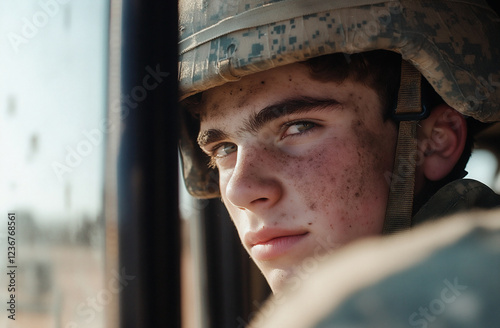 an 18-year-old soldier looking out of a dusty bus window, lost in thought as he travels to a military base

 photo