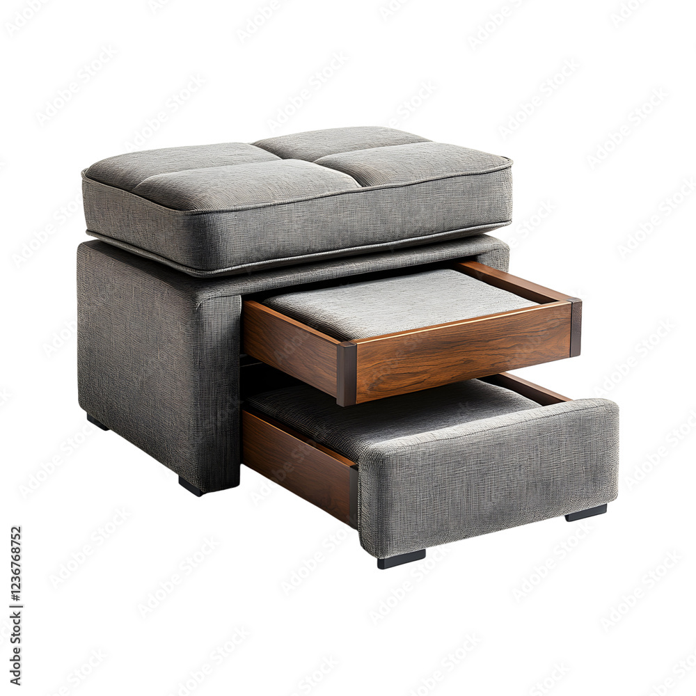 Multi-functional Ottoman with Pull-out Tray and Drawer Isolated on Transparent Background