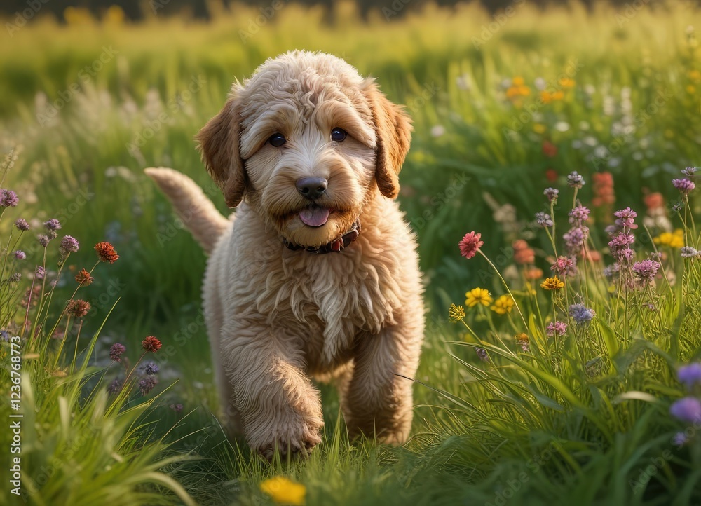 Labradoodle puppy frolicking in a field of tall grass and wildflowers, labradoodle pup, frolic in the grass, curious dog Labradoodle puppy frolicking in a field of tall grass and wildflowers, labradoodle pup, frolic in the grass, curious dog