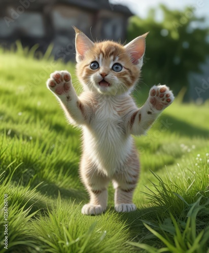 Kitten's front paws wave in the air as it takes its first steps on a soft and green grassy slope, outdoor, nature, kitten photo