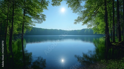 Fototapeta Naklejka Na Ścianę i Meble -  Serene lake warm light trees