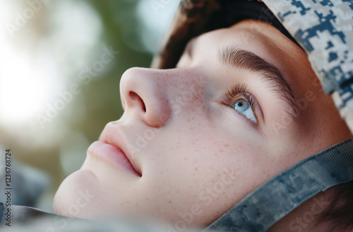 a young soldier lying on his back under the open sky, staring at the stars with a peaceful expression.

 photo