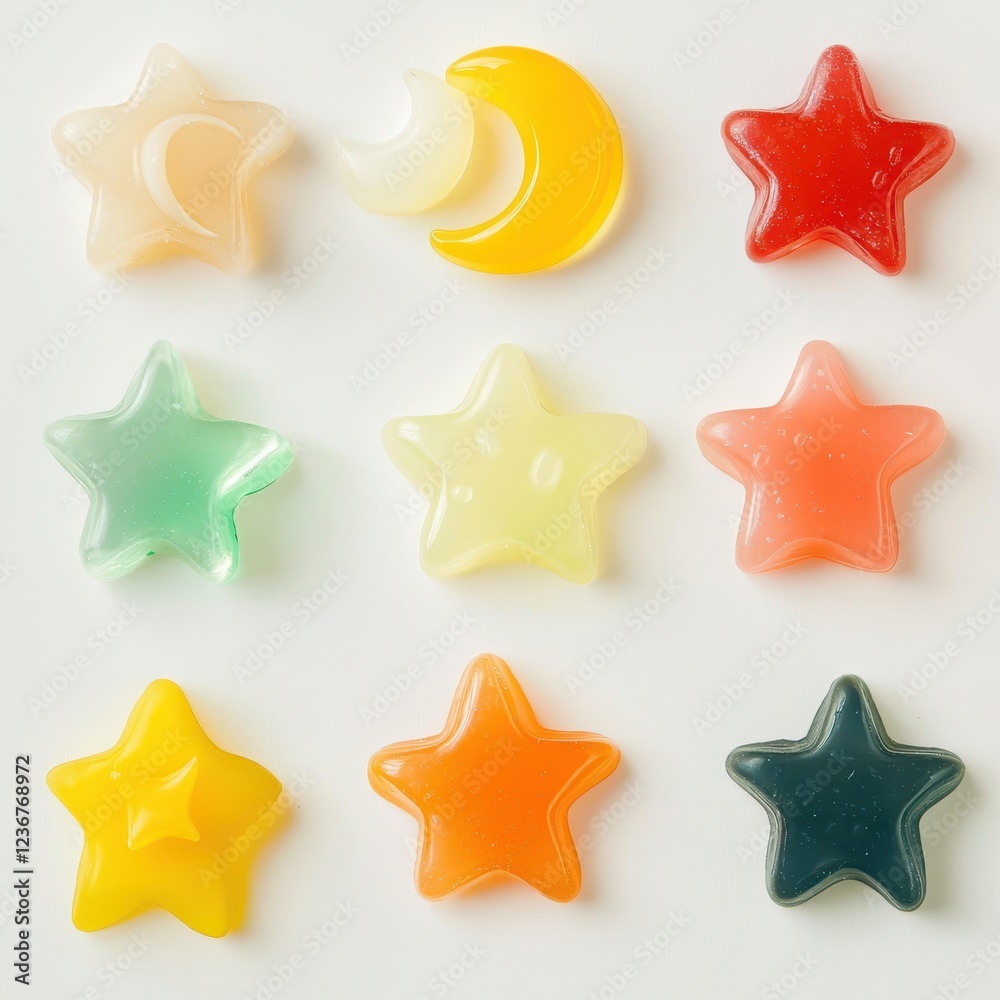 Whimsical Jelly Shapes of Stars and Moons on Light Background