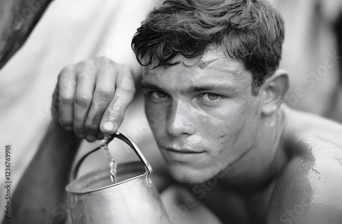 a 20-year-old soldier filling a metal canteen with water from a makeshift well, sweat on his brow

 photo