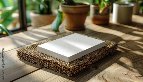 A white sheet of paper is sitting on a woven mat
