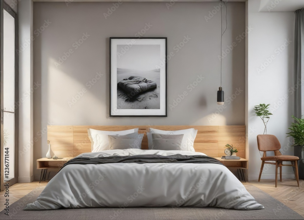 Fototapeta premium Minimalistic bedroom with framed artwork hanging on the wall, mockup, minimalistic, interior design
