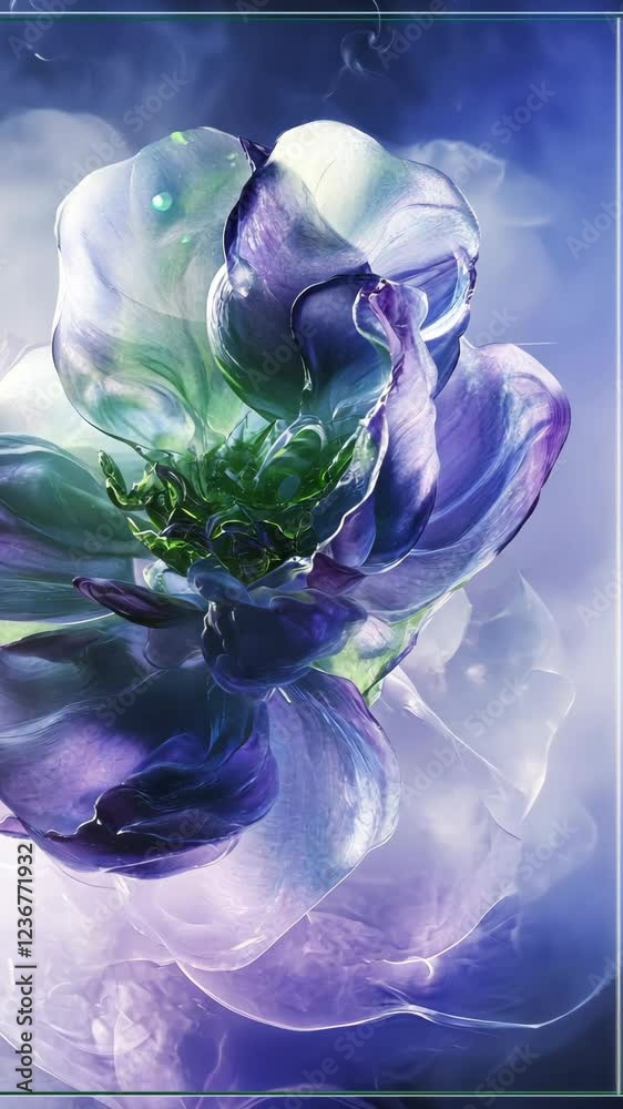 Vibrant purple and green flower blooms against a dreamy pastel background in soft light