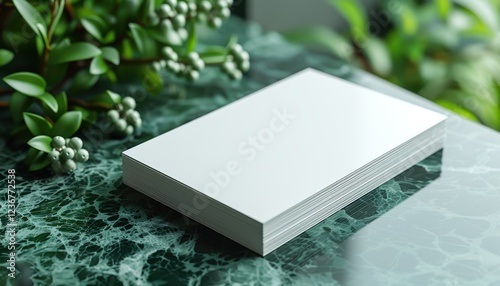 A white card with a green leaf on top of it
