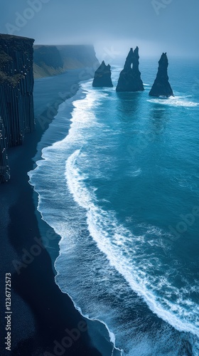 Majestic Reynisdrangar Sea Stacks in VÃ­k Iceland with Dramatic Cliffside and Dark Sandy Beach Horizon Amidst Moody Misty Ocean View Adventure photo