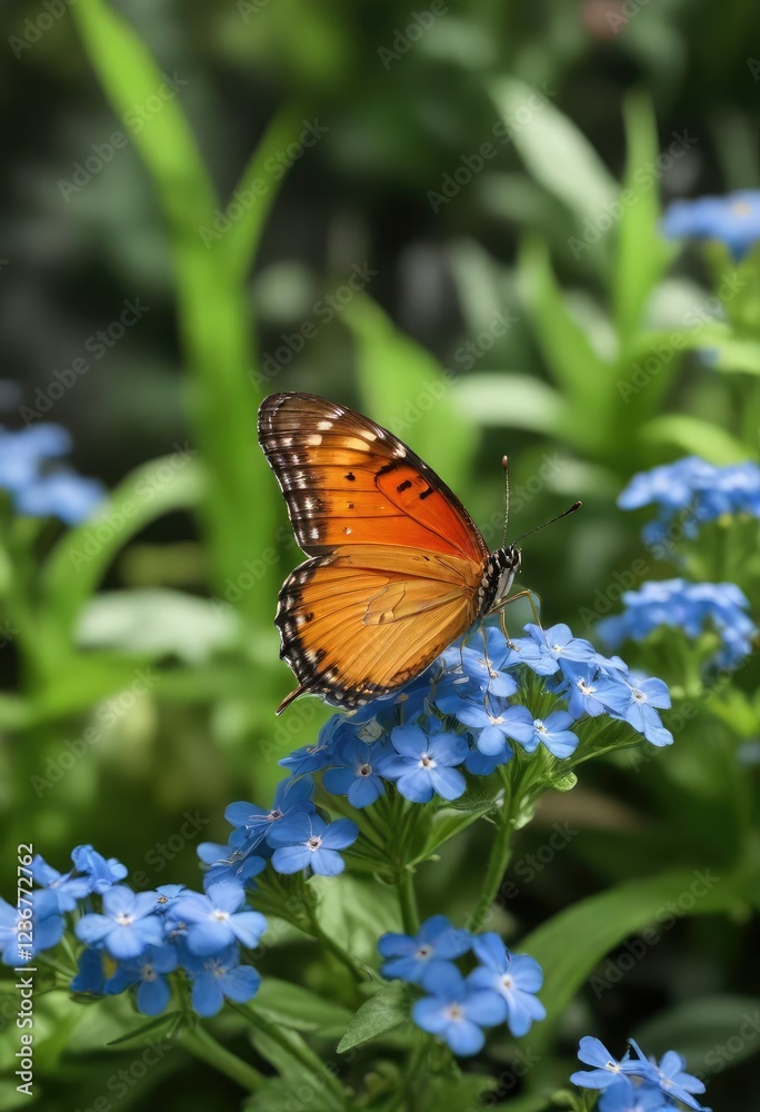 Obraz premium Orange butterfly landing on a blue forget me not flower in a lush green garden, lush foliage , garden