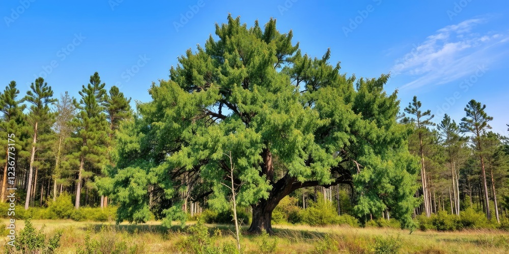 Obraz premium Overgrown isolated tree in a forest clearing, overgrowth, isolation