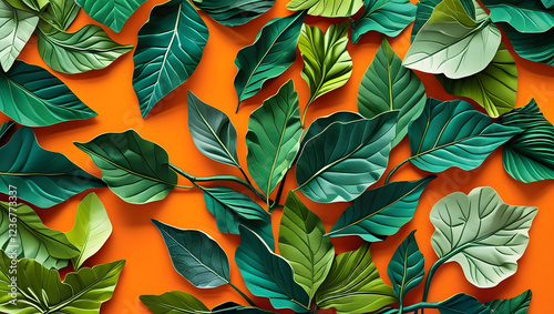 Vibrant creative layout composed of intricately arranged leaves in varying shades of green, from emerald to olive, against a bold and bright orange background that radiates warmth and energy photo