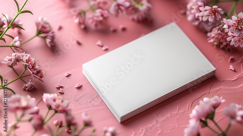 A white book is on a pink background with pink flowers