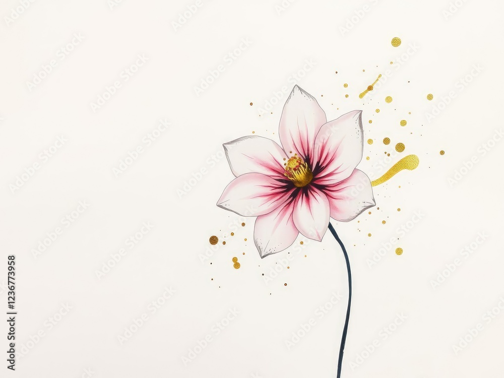 Naklejka premium Ink painting of delicate flower with shimmering gold splashes on textured paper, botanical, texture, oriental