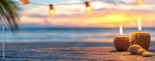 Romantic beach sunset with candles tropical location outdoor serenity relaxing atmosphere coastal view