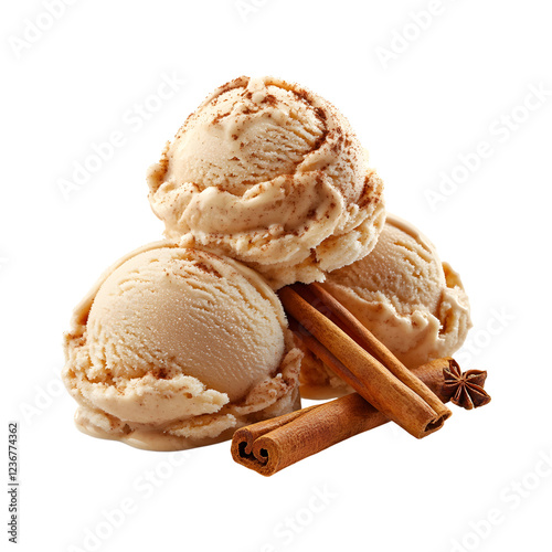 Spicy Cinnamon Caramel Ice Cream with Cinnamon Sticks Isolated on Transparent Background