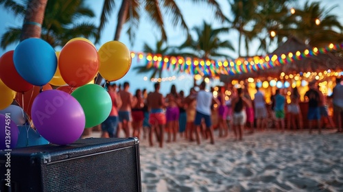 Beach party celebration with colorful balloons and music tropical island event photography evening atmosphere fun concept