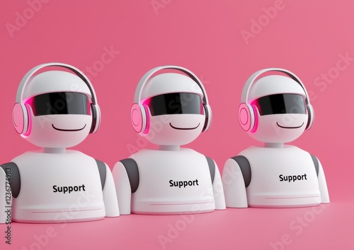 Customer Service concept. Three cheerful robot figures with headphones are presented against a pink background, symbolizing customer support and technology. photo