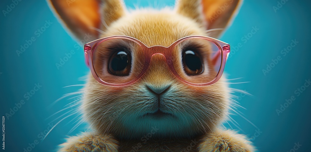 Fototapeta premium Closeup of a Fluffy Brown Rabbit Wearing Pink Sunglasses