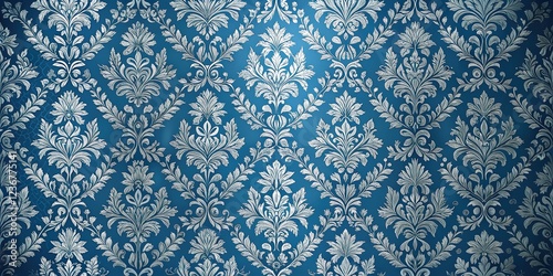 Luxurious Blue and Silver Damask Backdrop with Floral Motifs and Copy Space
