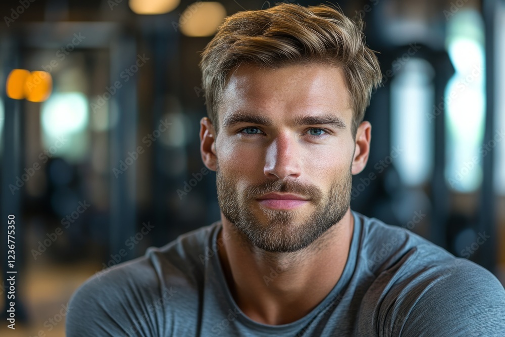 Handsome fitness model taking a break during his training session in a professional gym Handsome fitness model taking a break during his training session in a professional gym