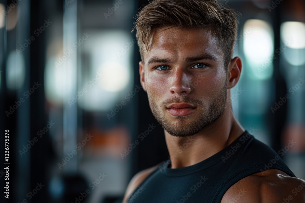 Young muscular sportsman resting after exercising in modern fitness center Young muscular sportsman resting after exercising in modern fitness center