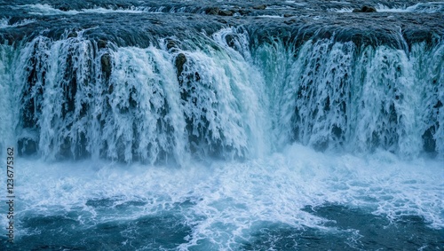 Soothing waterfall flowing over rocky cliff in stunning blue and green tones