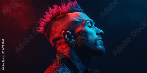 Portrait of a punk man with mohican hairstyle and tattoos illuminated by red and blue neon lights