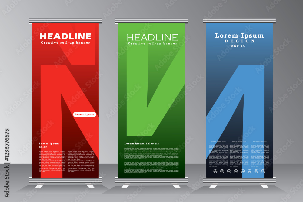 Business Roll Up banner set, vertical banner template, Presentation and Brochure. Vector illustration. roll up banner with blue, green, red. stand template design