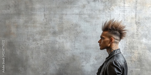 Young punk man with mohican hairstyle posing in profile against grunge wall background