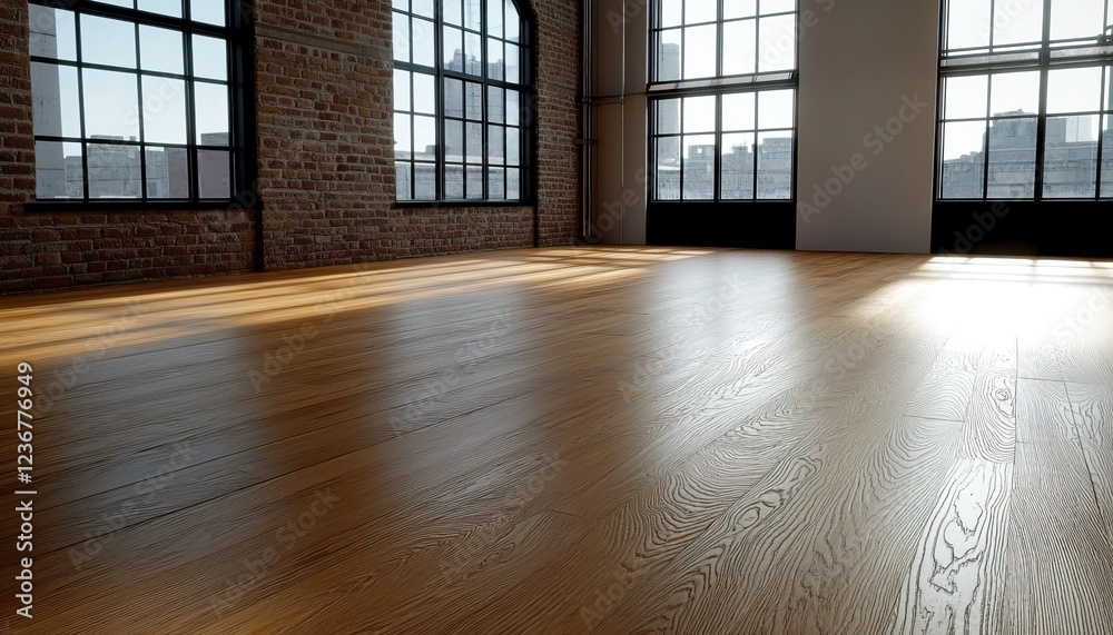 A spacious room with large windows, showcasing a polished wooden floor reflecting natural light.