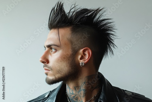Portrait of a young rocker with mohawk hairstyle, neck tattoos and earrings, looking sideways