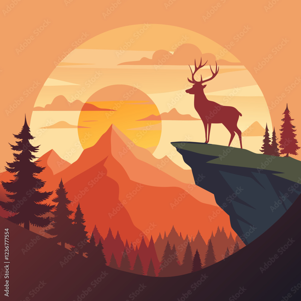 Naklejka premium Stunning Vector Deer Silhouette on a Cliff Against a Glowing Sunset