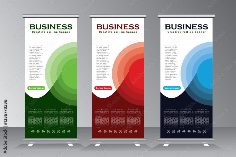 Roll up banner design tempalte set for business events, annual conferance, welcome, meetings, presentations, marketing, promotions, with blue, green, and red color, print ready vetical banner