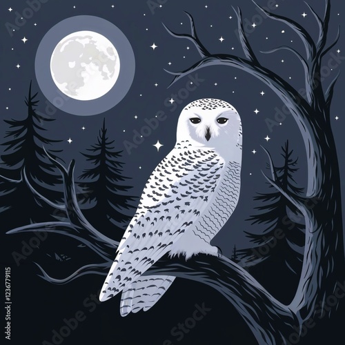 Moonlit Snowy Owl in the Forest