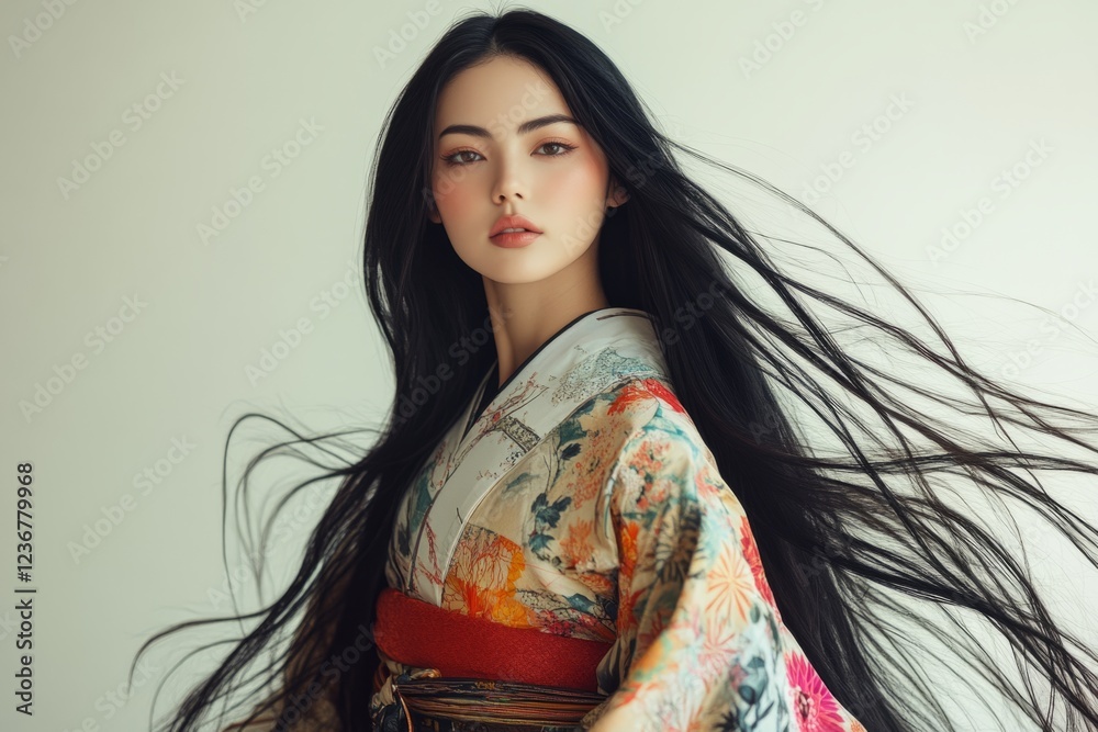 Studio portrait of a young japanese woman wearing a kimono, her long black hair flowing dramatically Studio portrait of a young japanese woman wearing a kimono, her long black hair flowing dramatically