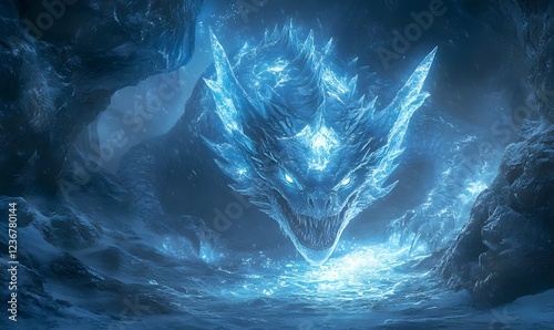 A majestic ice dragon emerges from a snowy cavern, its glowing form illuminating the scene