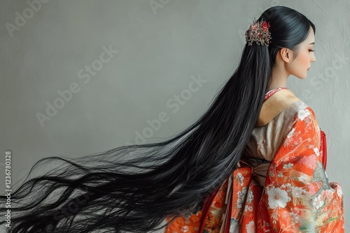 Profile of young japanese woman wearing traditional kimono with extremely long black hair flowing in the wind