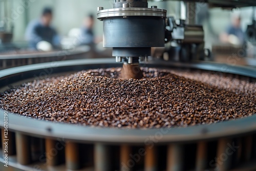 Close-up of industrial tea processing machine agitates dried tea leaves.